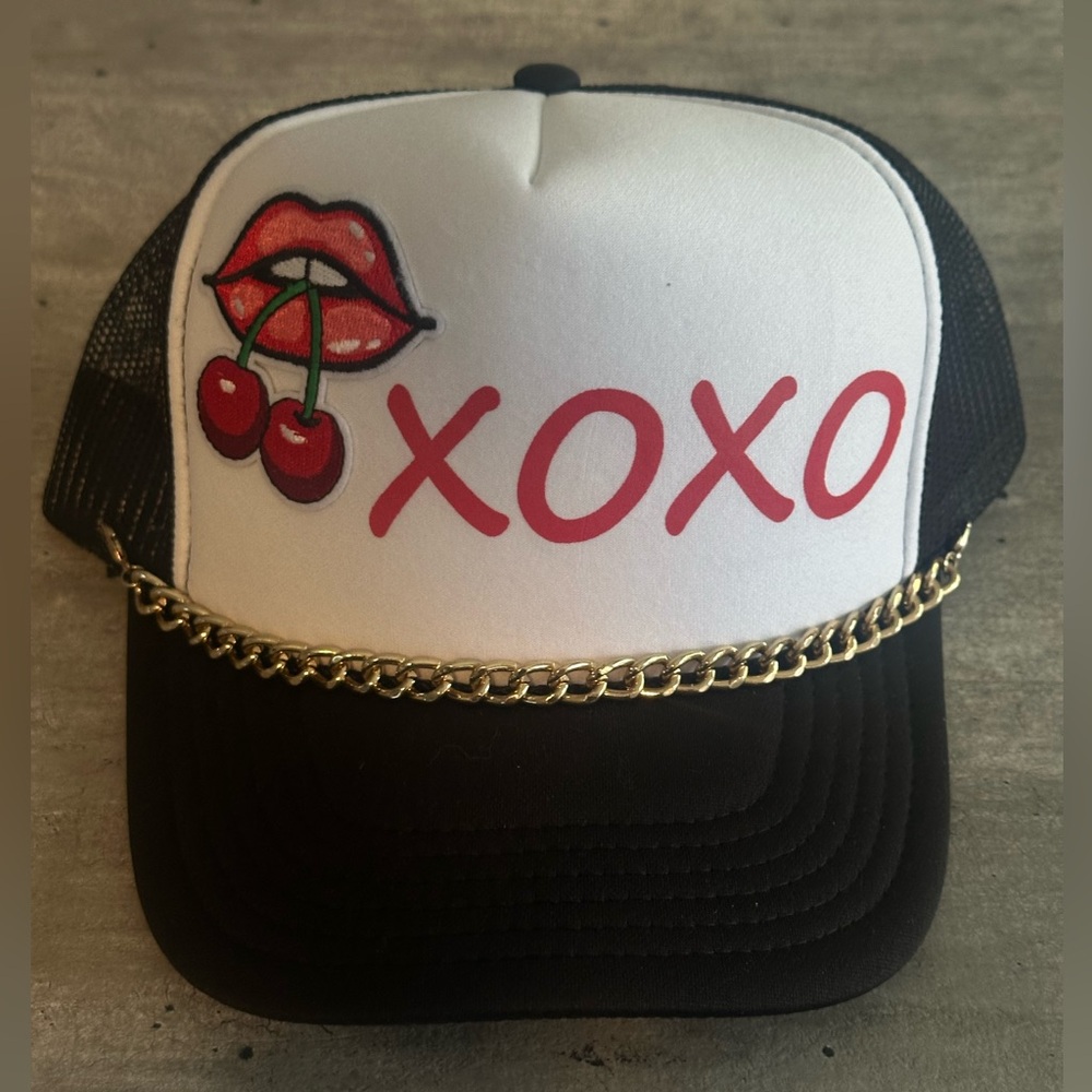 Black and White Trucker Hat with Red XOXO and lip Design